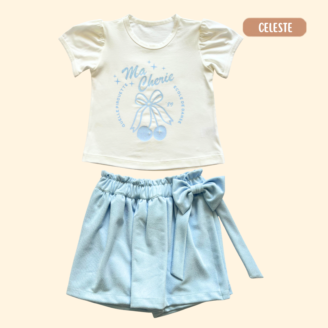 Blusita Glitter + Falda Short Moño