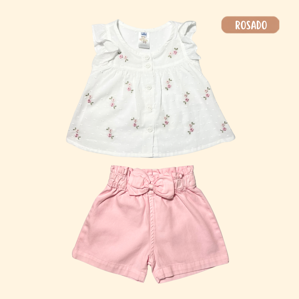 Blusita Lino Flowers + Short Moñito