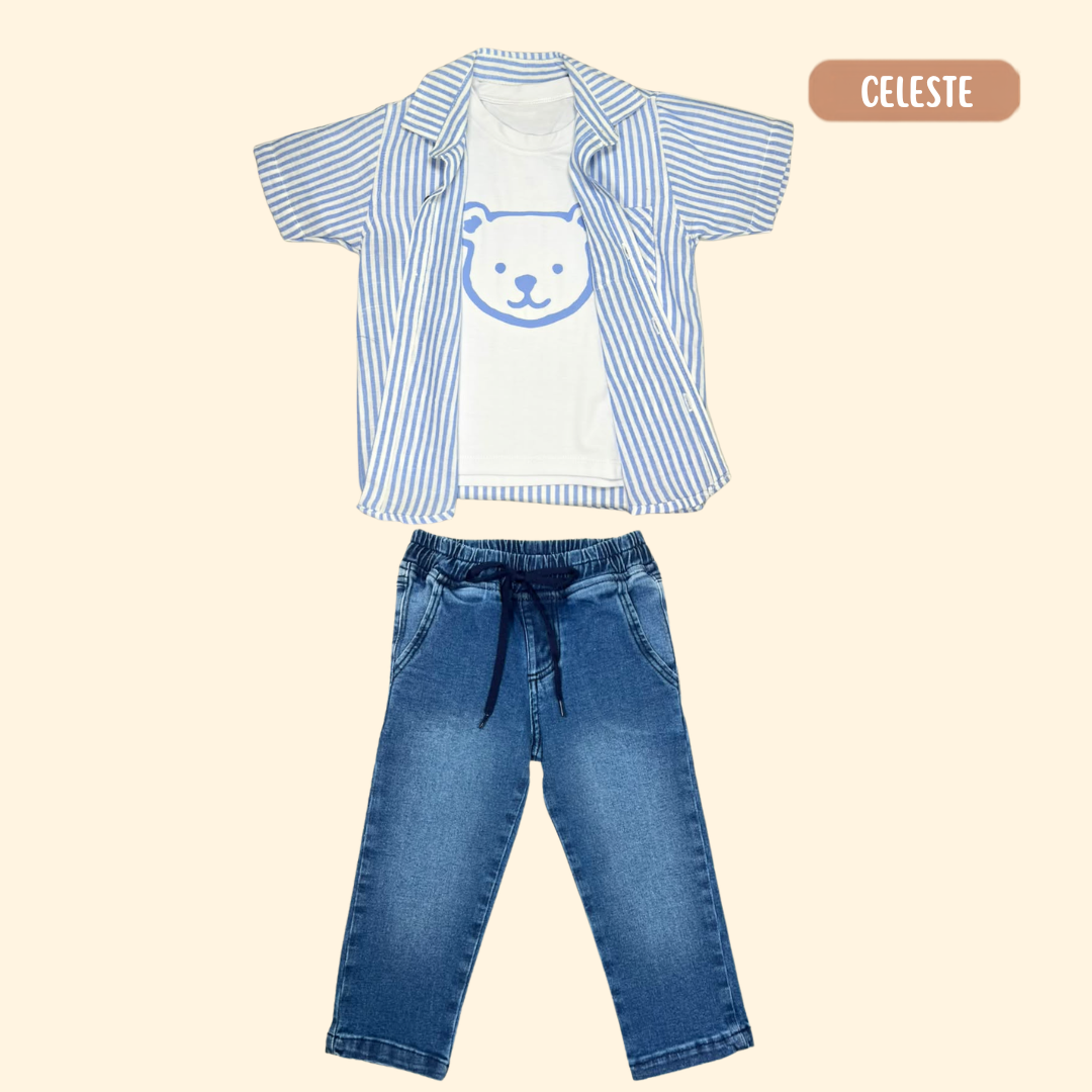 Camisa Lino Rayitas + Camiseta Osito + Jean