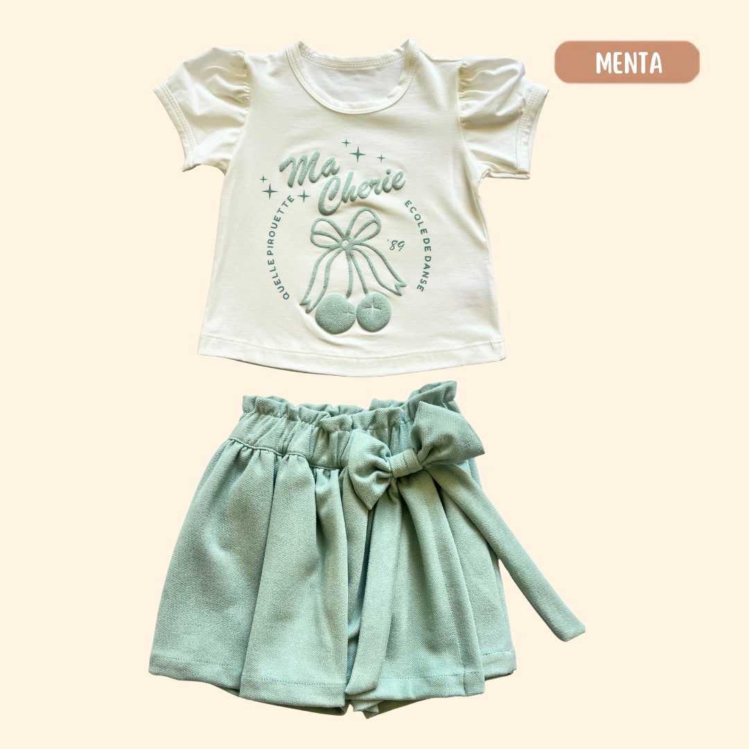 Blusita Glitter + Falda Short Moño