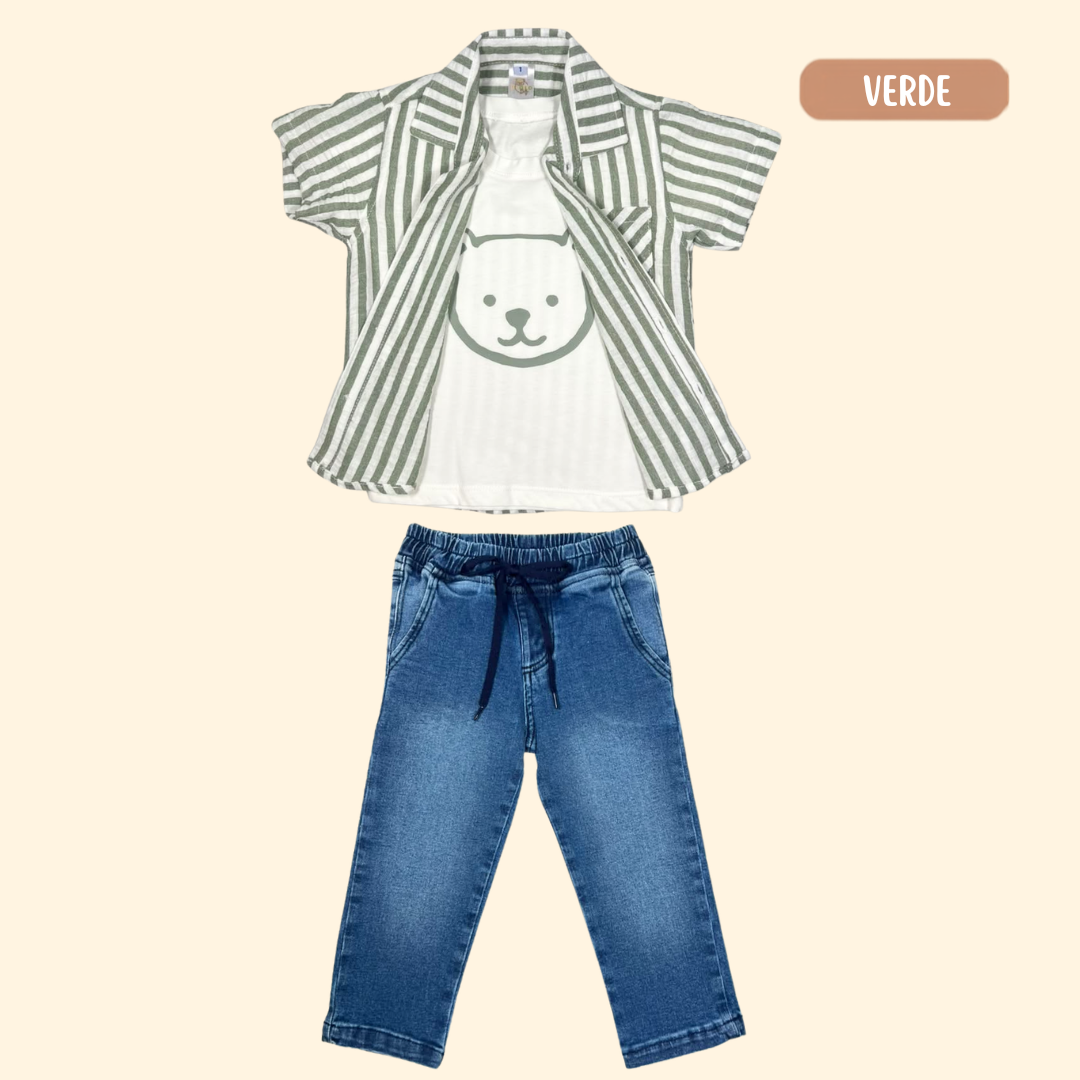 Camisa Lino Rayitas + Camiseta Osito + Jean