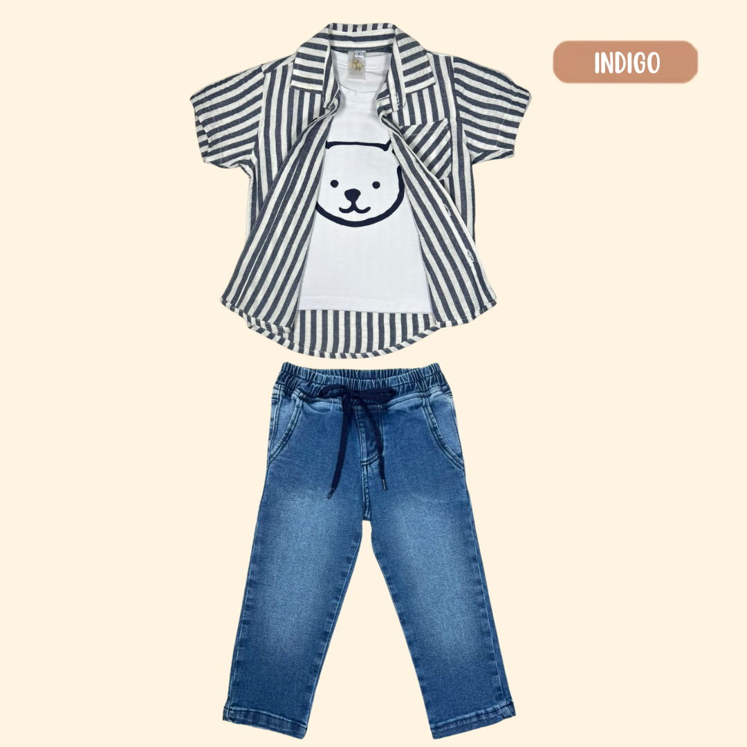Camisa Lino Rayitas + Camiseta Osito + Jean